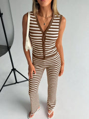 Brown striped knit V-neck buttoned sleeveless top and flare pants set