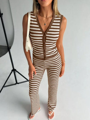 Brown striped knit V-neck buttoned sleeveless top and flare pants set