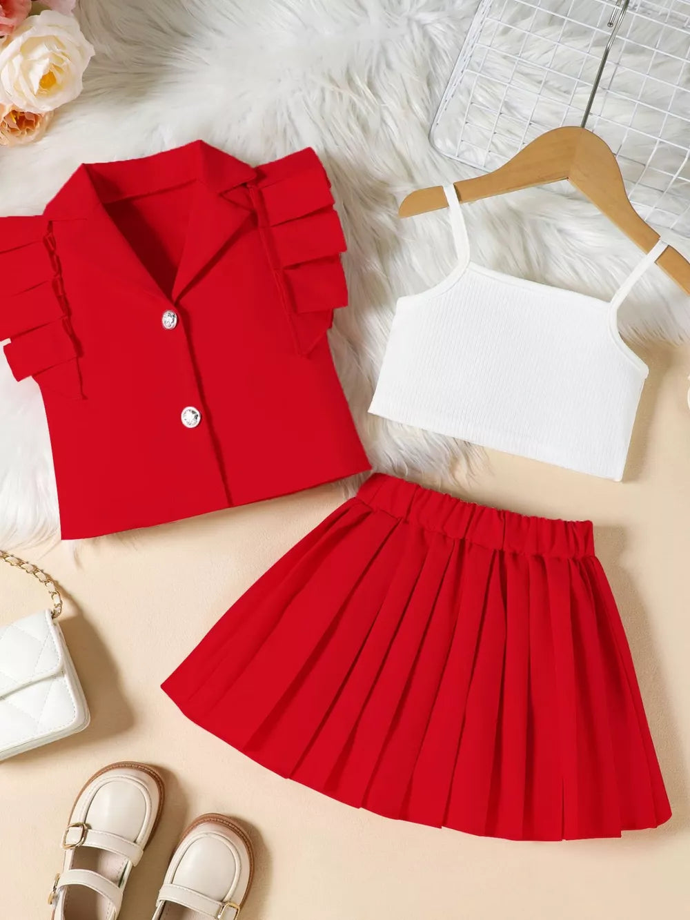Red toddler outfit set with collared ruffled jacket, white cami, and pleated skirt.