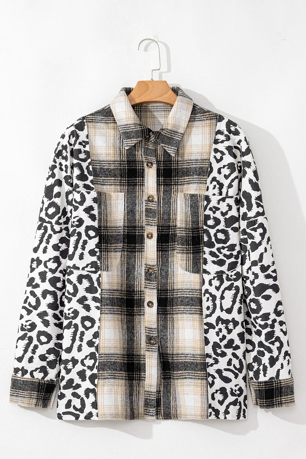 Plaid and leopard panel shacket in dark gray with button front and chest pockets.