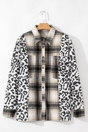 Plaid and leopard panel shacket in dark gray with button front and chest pockets.