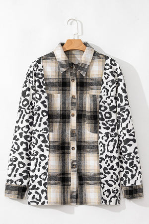 Plaid and leopard panel shacket in dark gray with button front and chest pockets.