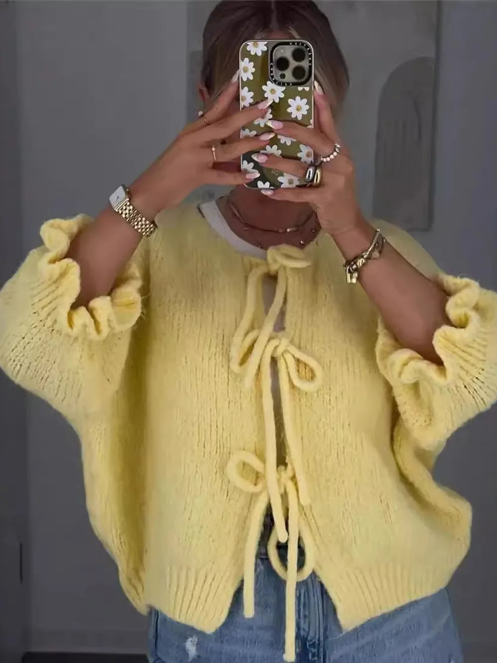 Tie-front Cropped Cardigan in Yellow, back view