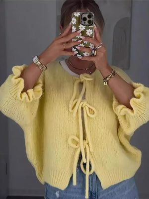 Tie-front Cropped Cardigan in Yellow, back view