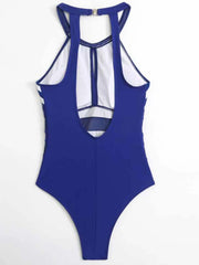 Keyhole stripe halterneck mesh swimsuit in dark navy with back cutout detail
