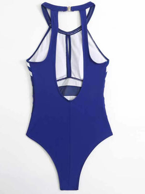 Keyhole stripe halterneck mesh swimsuit in dark navy with back cutout detail