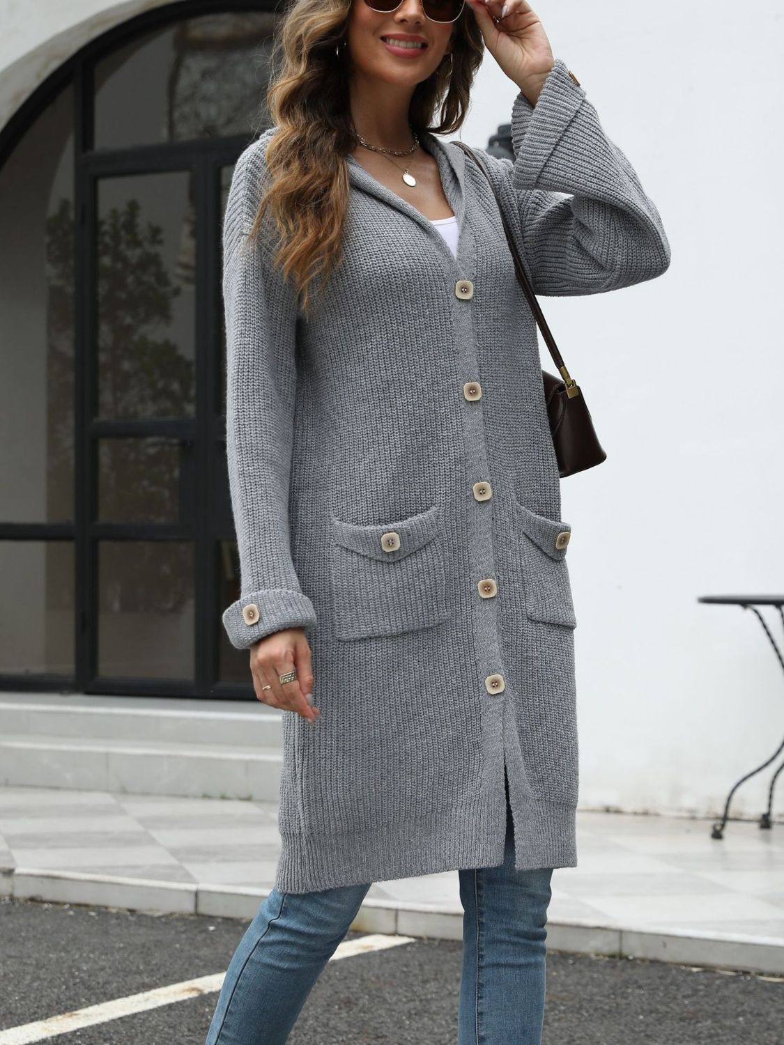 Longline gray knit button-down cardigan with hood and pockets