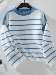 Blue and white striped knit sweater with wide sleeves and crew neck.