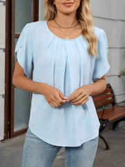 Sky blue pleated short sleeve polyester blouse with decorative sleeve details.