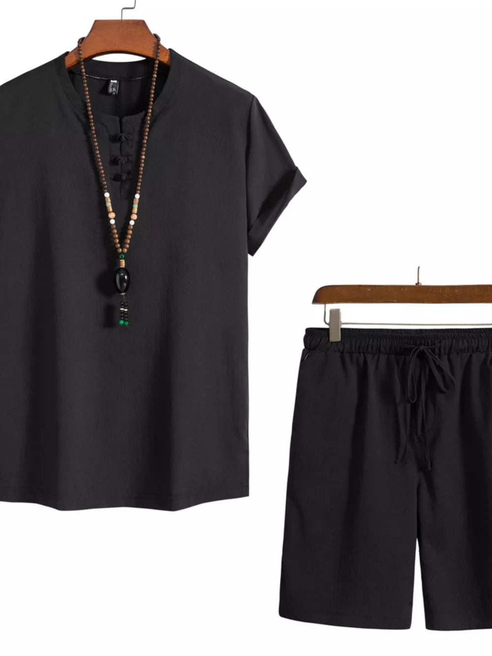 Black Mandarin collar casual set for men with button detail and drawstring shorts.