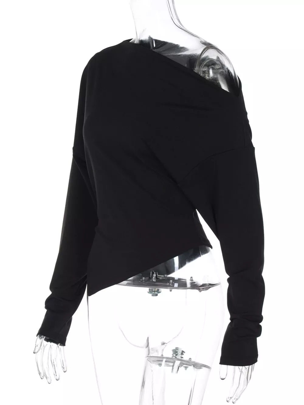 Black draped asymmetrical off-shoulder t-shirt with long sleeves.