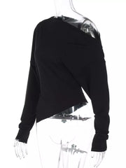 Black draped asymmetrical off-shoulder t-shirt with long sleeves.