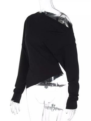 Black draped asymmetrical off-shoulder t-shirt with long sleeves.