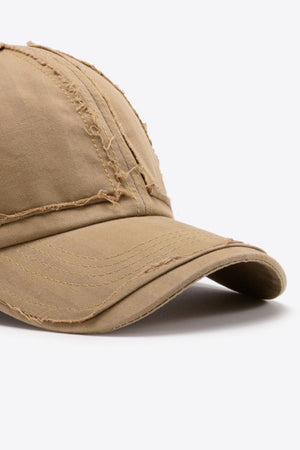 Camel raw edge denim baseball cap with distressed details