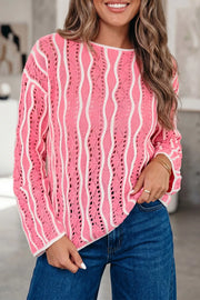 Wavy Detail Hollow Out Knit Sweater in Pink, front view