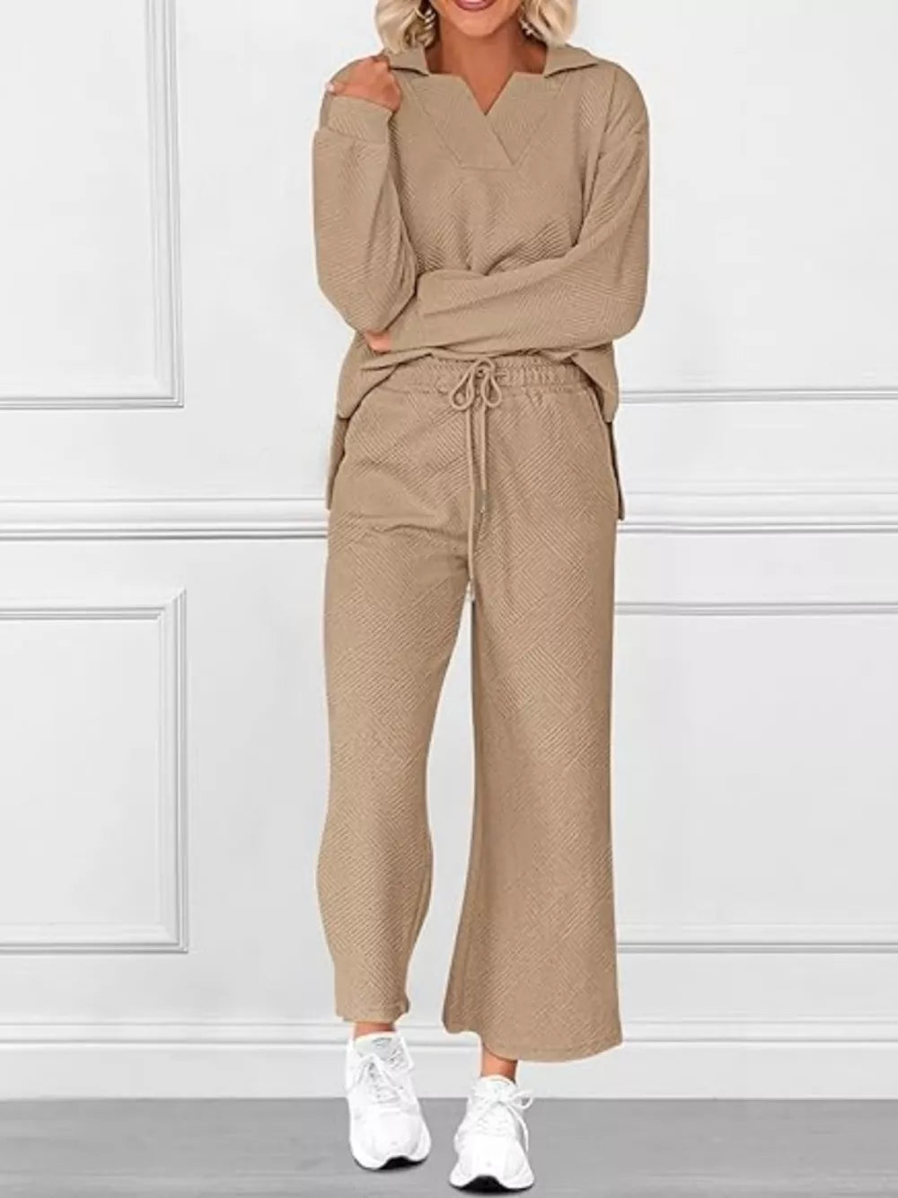 Khaki V-neck textured lounge set with diagonal pattern, drawstring pants and long sleeves.
