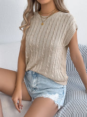 Cable knit sleeveless crew top in black, white, or tan.