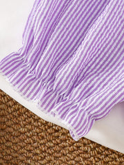 Children's purple and white striped cotton top with ruffle sleeve detail.
