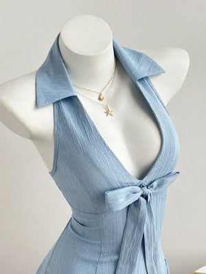 Halter Neck Bow Tie Pleated Mini Dress, close-up detail