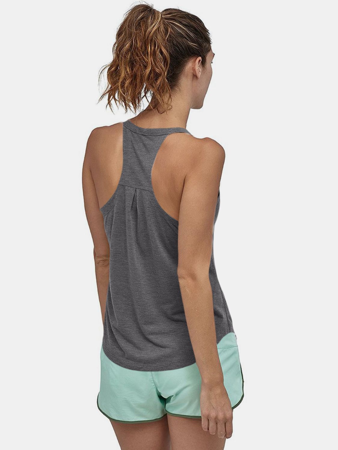 Dark Gray Racerback Performance Tank top with pleated back detail.