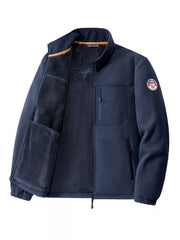 Men's dark blue fleece jacket with zip pockets and fleece lining.