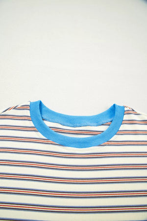Casual striped mini dress with crew neck and blue trim