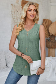 Sage green perforated button-down sleeveless top with V-neck
