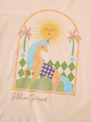 Toddler cotton graphic tee with unicorn, sun, and palm trees, apricot color.