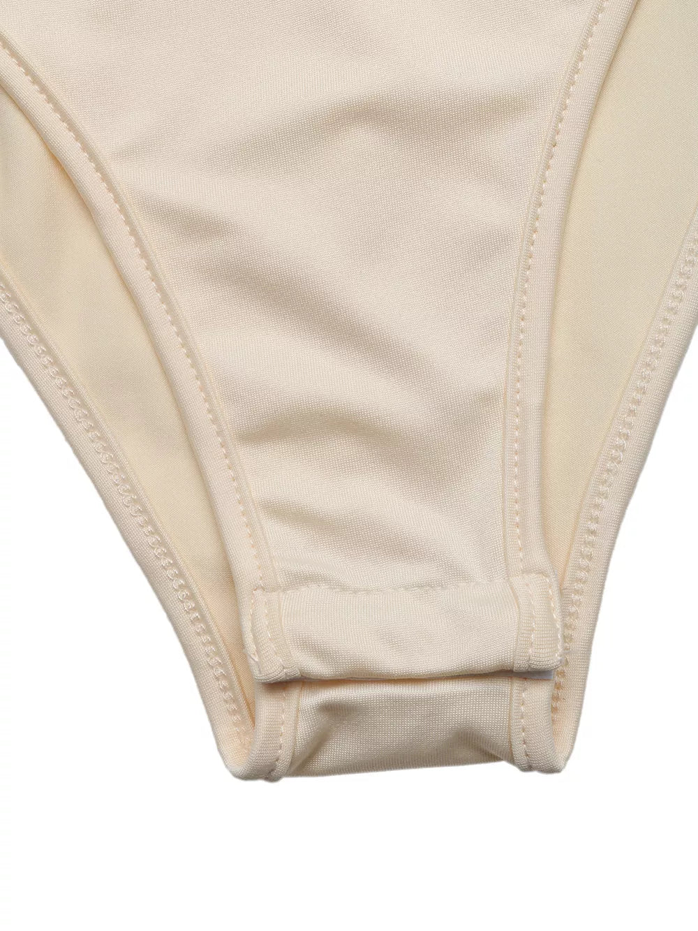 Cream V-neck ruched bodysuit detail showing snap closure and smooth fabric.