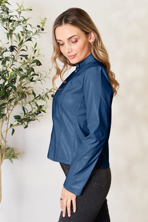 Faux leather biker jacket in French Blue with a stand-up collar and zip front.