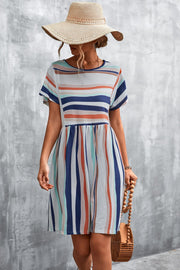 Striped yoke-seam trapeze dress with short sleeves and a round neckline.