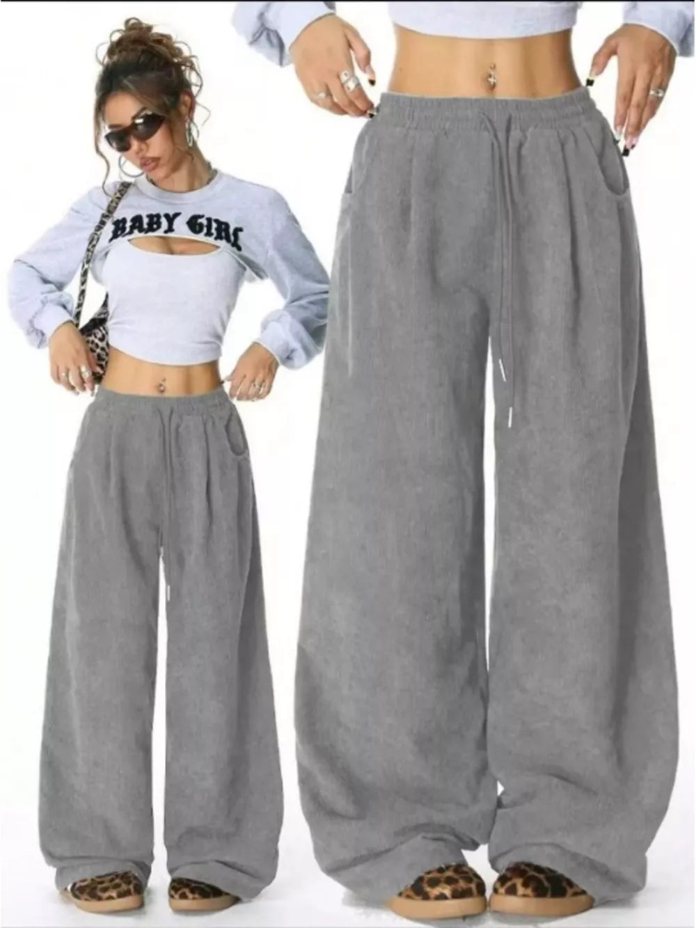 Gray corduroy maternity wide-leg trousers with drawstring waist and pockets.