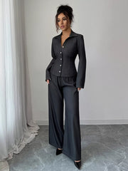 Gray button-up shirt and wide-leg pants set with contrast stitching