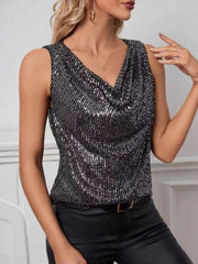 Black sequin tank top with cowl neck and sleeveless design.