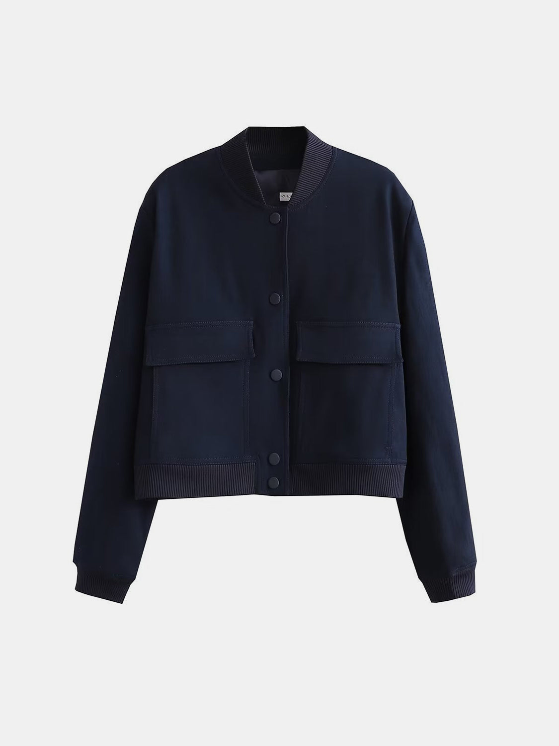 Indigo bomber jacket with utility pockets and button closure