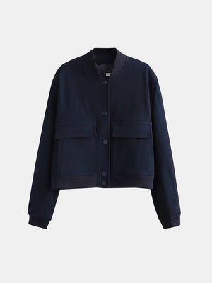 Indigo bomber jacket with utility pockets and button closure