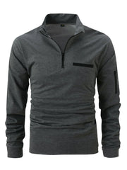 Dark Gray mock neck zip-up sweatshirt with welt pocket and zippered sleeve pocket.