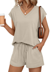 Apricot V-neck cap sleeve top and drawstring shorts set with pockets