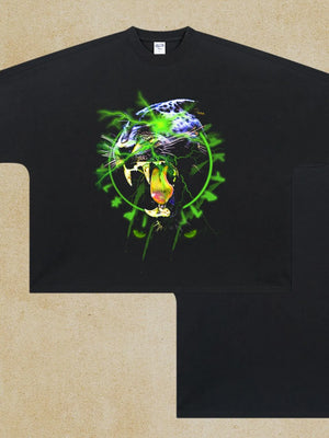 Black oversized t-shirt with a roaring leopard graphic and green lightning details.