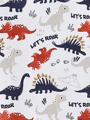 Toddler dinosaur print two-piece set with red, navy, and grey dinosaurs and "Let's Roar" text.