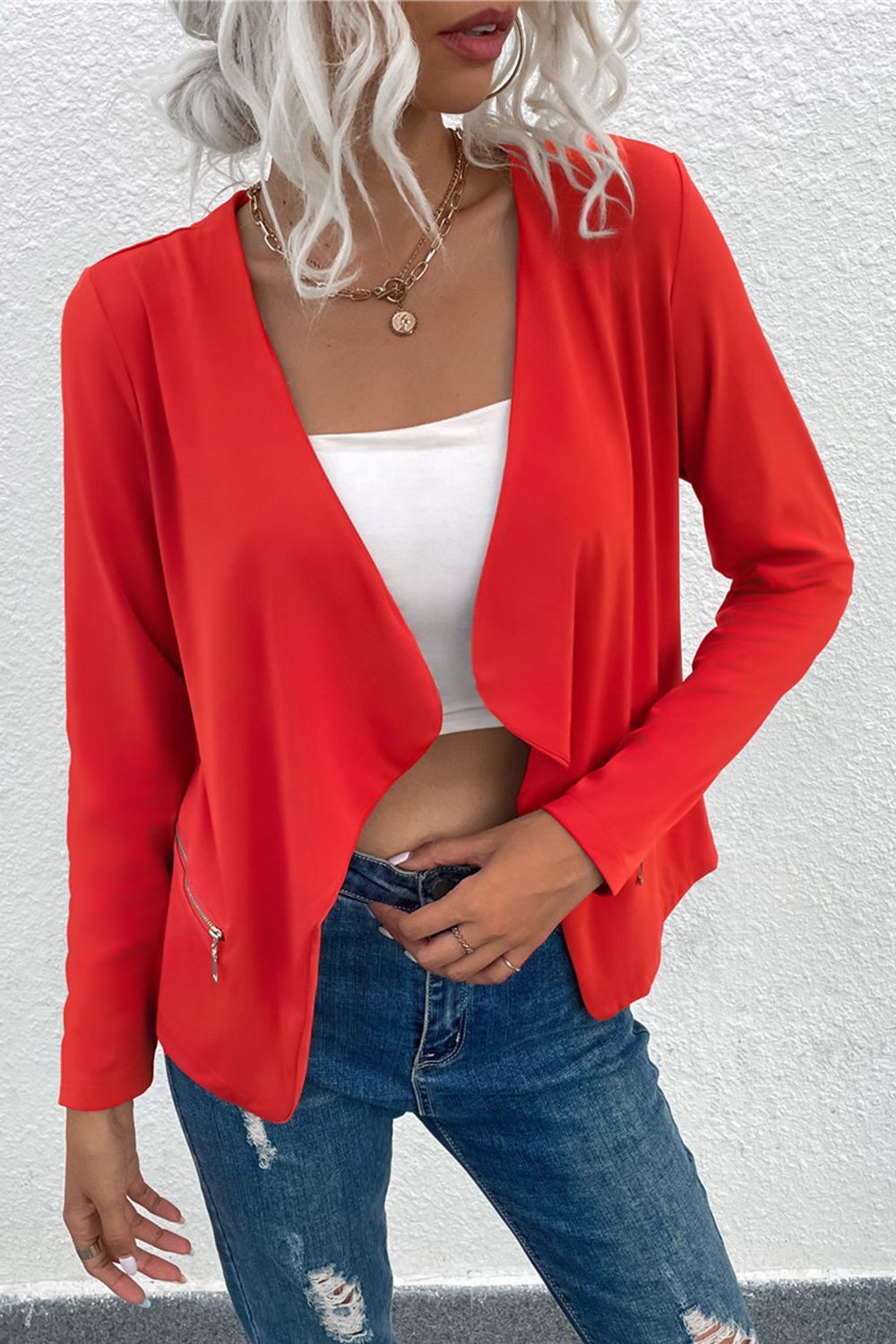 Red drape front jacket with zip detail and open waterfall neckline.