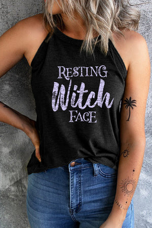 Black halter tank top with "Resting Witch Face" graphic