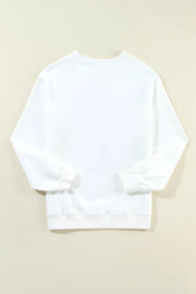 White crewneck sweatshirt with distressed American flag graphic
