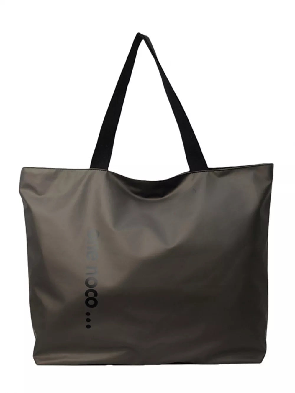 Minimalist large grey shoulder bag with black straps and subtle logo detail.