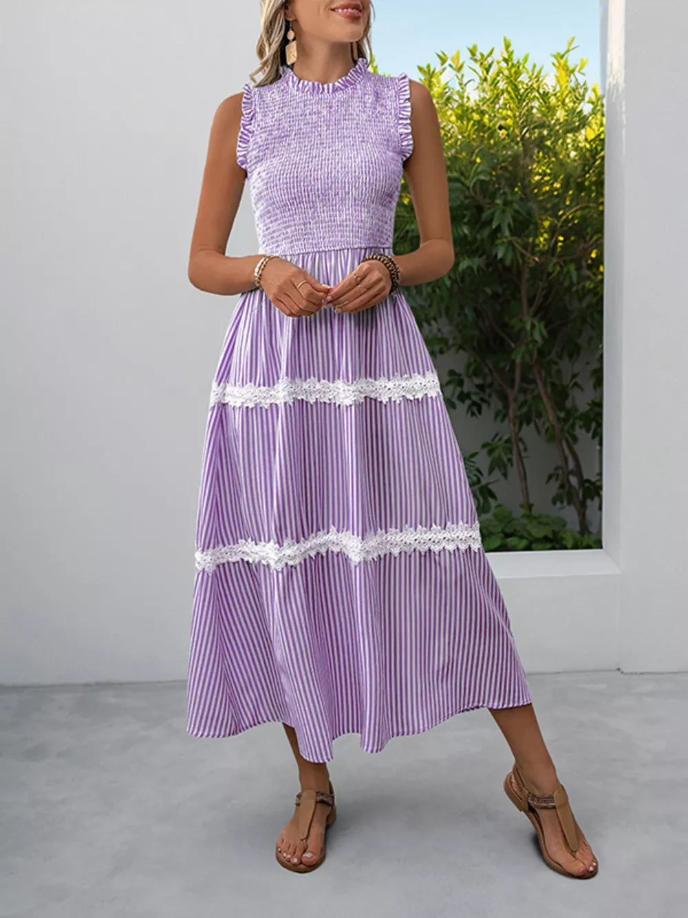 Purple striped midi dress with smocked bodice and lace trim
