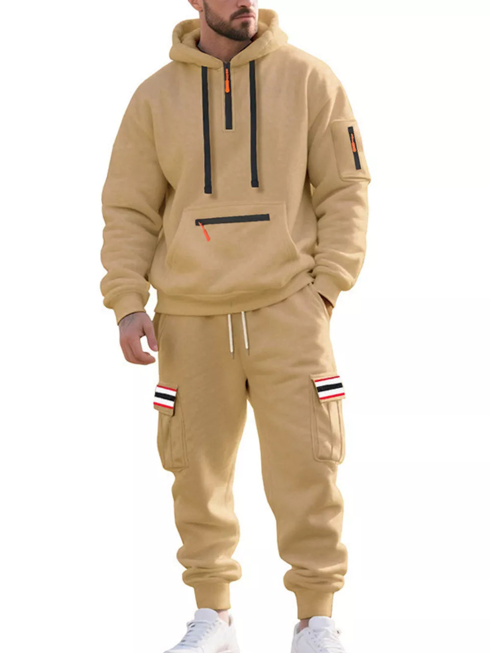 Men's Casual Half-zip Hoodie And Cargo Pants Set in Navy Blue, side view