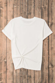 White t-shirt with rolled sleeves and a knotted hem detail.
