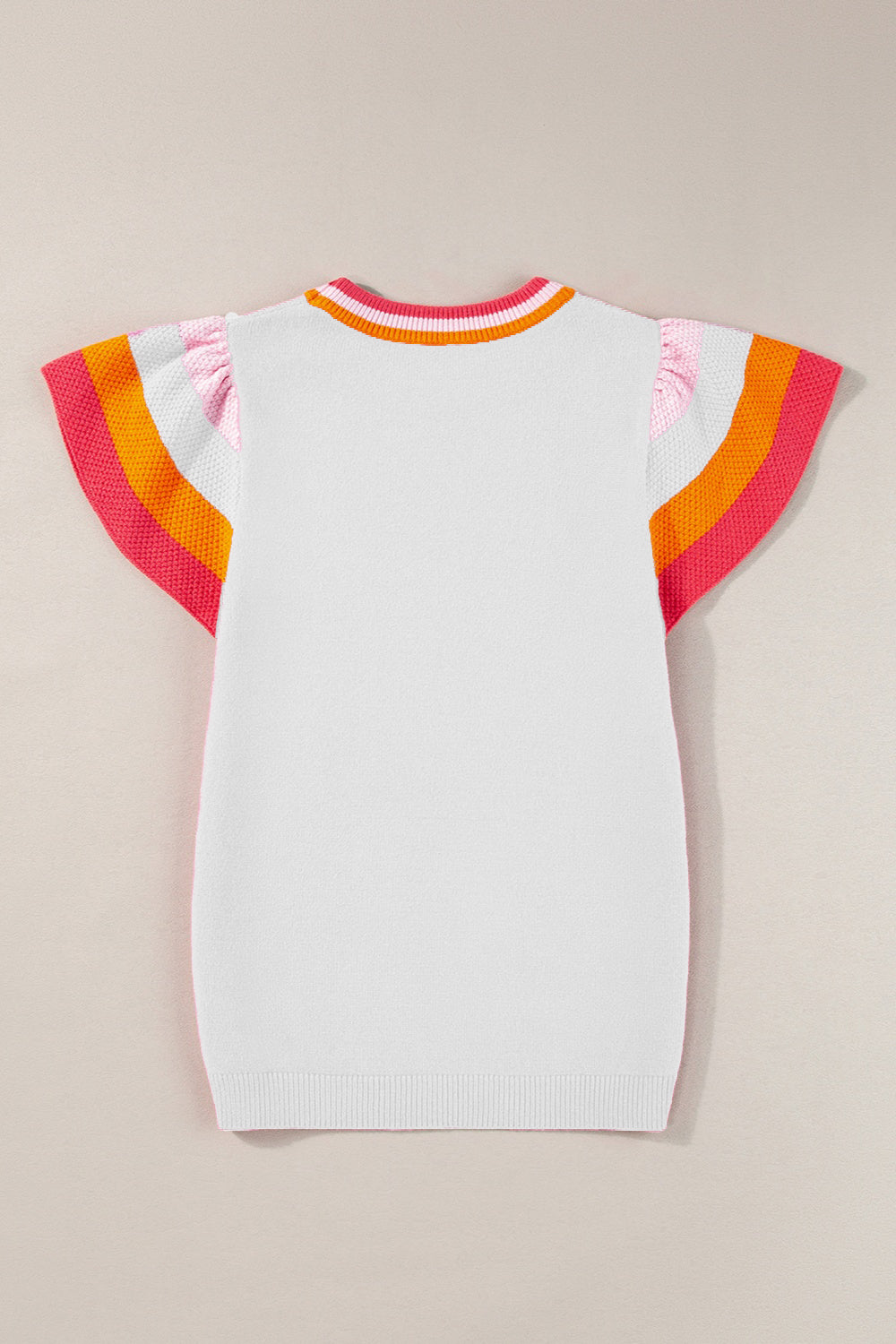 White knit top with flutter sleeves and colorblock trim in pink, orange, and white.