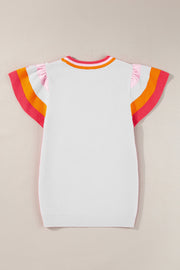 White knit top with flutter sleeves and colorblock trim in pink, orange, and white.
