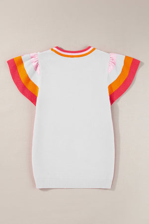 White knit top with flutter sleeves and colorblock trim in pink, orange, and white.